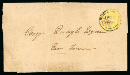 Stamp of British Guiana THE RAREST "COTTON REEL" ON COVER: 1850-51 4 cents black on lemon-yellow
