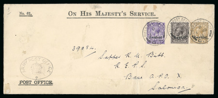 Stamp of British Levant  » Field Post Office in Salonica 1916 3d, 9d and 1s on OHMS cover tied by Field Post Office "G. X" 1 MR 16 double circle ds