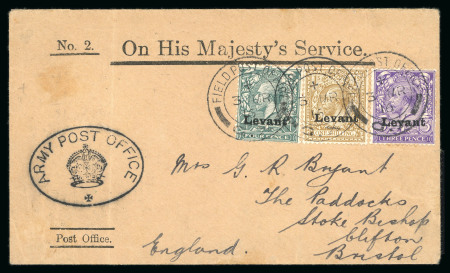 Stamp of British Levant  » Field Post Office in Salonica 1916 3d, 4d and 1s on OHMS cover tied by Field Post Office "G. X" 3 MR 16 double circle ds