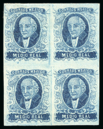 Stamp of Mexico » 1856-61 "Hidalgo" Issues 1856 No Overprint ½ Real Blue two mint blocks of four group