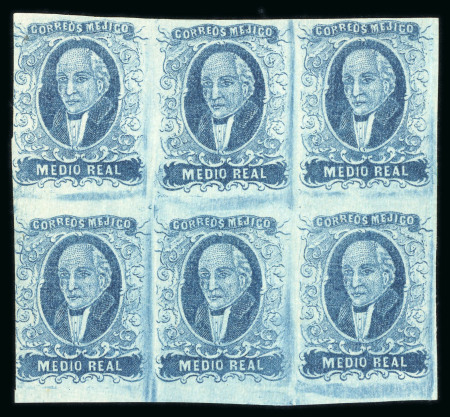 Stamp of Mexico » 1856-61 "Hidalgo" Issues 1856 No Overprint ½ Real Blue mint block of six
