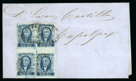 Stamp of Mexico » 1856-61 "Hidalgo" Issues 1856 Guadalajara ½ Real Blue block of four on cover to Tapalpa