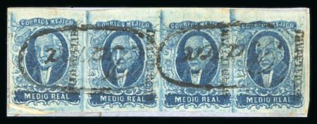 Stamp of Mexico » 1856-61 "Hidalgo" Issues 1856 Guadalajara Barca ½ Real Blue rare strip of four