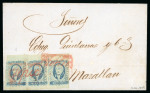 Stamp of Mexico » 1856-61 "Hidalgo" Issues 1856 Guadalajara Tepic ½ Real Blue strip of three on cover