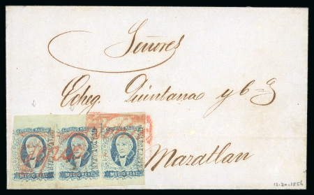 Stamp of Mexico » 1856-61 "Hidalgo" Issues 1856 Guadalajara Tepic ½ Real Blue strip of three on cover