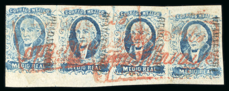 Stamp of Mexico » 1856-61 "Hidalgo" Issues 1856 Guadalajara Tepic ½ Real Blue strip of four red cancel