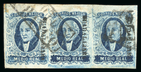 Stamp of Mexico » 1856-61 "Hidalgo" Issues 1856 Guadalajara Zapotlán ½ Real Blue strip of three + pair on cover