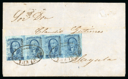 Stamp of Mexico » 1856-61 "Hidalgo" Issues 1856 Guadalajara Tamazula ½ Real Blue strip of four on cover and Guanajuato two strips of four on two covers
