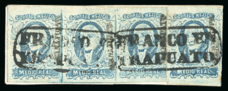 Stamp of Mexico » 1856-61 "Hidalgo" Issues 1856 Guanajuato Yrapuato ½ Real Blue strip of four