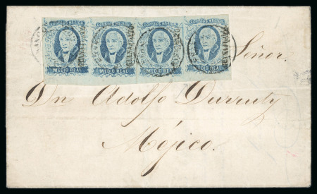 Stamp of Mexico » 1856-61 "Hidalgo" Issues 1856 Guanajuato La Luz ½ Real Blue rare strip of four on cover