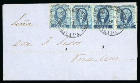 Stamp of Mexico » 1856-61 "Hidalgo" Issues 1856 Jalapa ½ Real Blue strip of four on cover