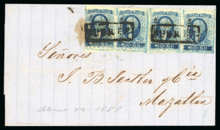 Stamp of Mexico » 1856-61 "Hidalgo" Issues 1856 Mazatlán El Fuerte ½ Real Blue strip on cover