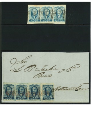 Stamp of Mexico » 1856-61 "Hidalgo" Issues 1856 Mazatlán Sinaloa ½ Real Blue strip of four on front +strip of three