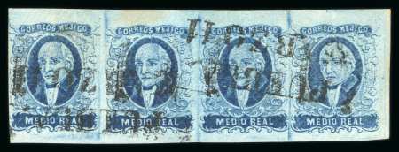 Stamp of Mexico » 1856-61 "Hidalgo" Issues 1856 Puebla Puebla and acatlán ½ Real Blue two strips of four