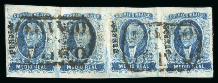 Stamp of Mexico » 1856-61 "Hidalgo" Issues 1856 Puebla Atlixco and Chalchicomula ½ Real Blue two strips of four