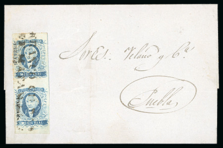 Stamp of Mexico » 1856-61 "Hidalgo" Issues 1856 Puebla Matamoros ½ Real Blue vertical pair on cover