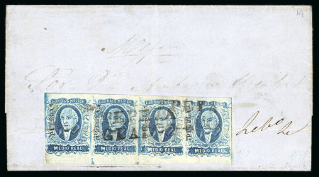 Stamp of Mexico » 1856-61 "Hidalgo" Issues 1856 Puebla Tepeyehualco ½ Real Blue strip of four on cover