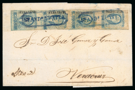 Stamp of Mexico » 1856-61 "Hidalgo" Issues 1856 Veracruz San Andrés Tuxtla ½ Real Blue vertical strip of four on cover