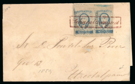 Stamp of Mexico » 1856-61 "Hidalgo" Issues 1856 Veracruz Chacaltianguis ½ Real Blue pair on cover