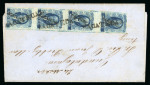 Stamp of Mexico » 1856-61 "Hidalgo" Issues 1856 Zacatecas ½ Real Blue vertical strip of four group of  two covers of 1856 Hidalgos