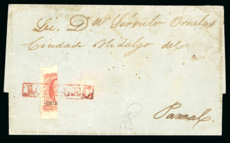 Stamp of Mexico » 1856-61 "Hidalgo" Issues 1856 Chihuahua Rosales 4 Reales Red bisect on cover