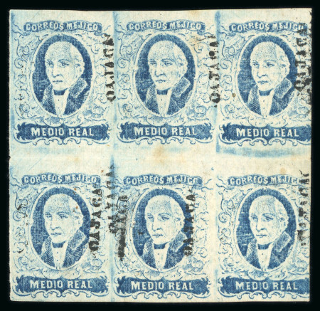 Stamp of Mexico » 1856-61 "Hidalgo" Issues 1856 Oaxaca ½ Real Blue block of six mint