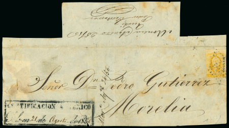 Stamp of Mexico » 1856-61 "Hidalgo" Issues 1856 Mexico District 1 Real Yellow on certified front