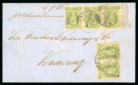 Stamp of Mexico » 1856-61 "Hidalgo" Issues 1856 Mexico District 2 Reales Green multiples on express cover