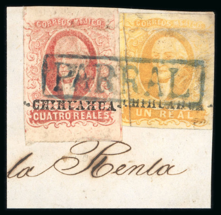 Stamp of Mexico » 1856-61 "Hidalgo" Issues 1856 Chihuahua Parral 4 Reales Red + 1 Real Yellow on piece