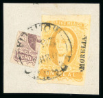 Stamp of Mexico » 1856-61 "Hidalgo" Issues 1856 Morelia 8 Reales Lilac Quadrisect combination with 1 Real Yellow on piece