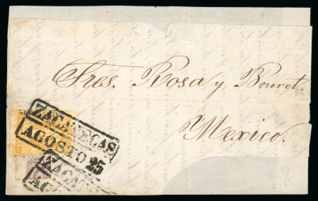Stamp of Mexico » 1856-61 "Hidalgo" Issues 1856 Zacatecas 8 Reales Lilac Quadrisect in combination with 1 Real Yellow on front