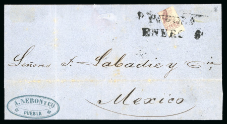 Stamp of Mexico » 1856-61 "Hidalgo" Issues 1856 Puebla 8 Reales Lilac Quadrisect on cover
