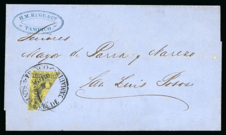 Stamp of Mexico » 1861 "Hidalgo" Second Issue 1861 Tampico 4 Reales Black/Yellow Bisect on cover