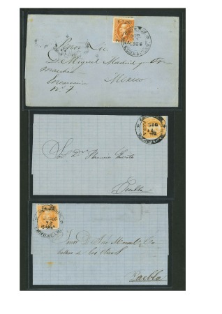 Stamp of Mexico » 1866 "Maximilian" Issue 1866 Puebla Subs 25c Orange Maximilians Lithographed group of covers