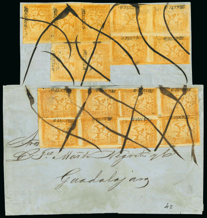 Stamp of Mexico » 1864 "Eagle" Issue 1864 Mexico District 2 Reales Yellow 1st Period Eagles Largest Combination on Cover