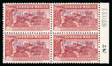 Stamp of Mexico » Airmails 1935 20c Lake Amelia Earhart Airmail Block of Four mint with plate number
