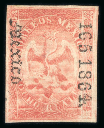 Stamp of Mexico » 1864 "Eagle" Issue 1864 Mexico District 8 Reales Red #165-1864 Eagle 2nd Period unused from small consignment,