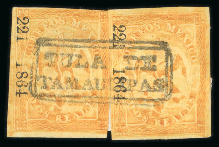 Stamp of Mexico » 1864 "Eagle" Issue 1864 Victoria No Name 2 Reales Orange #221-1864 Eagle 3rd Period reunited pair