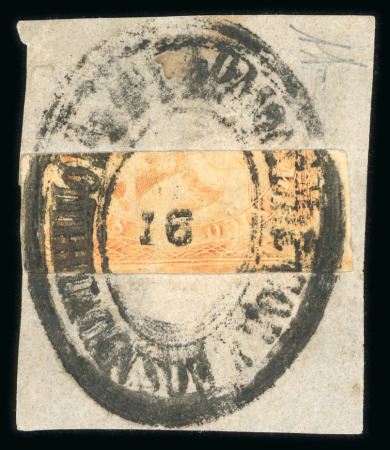 Stamp of Mexico » 1864 "Eagle" Issue 1865 Apam 2 Reales Orange probably #79-1865 sub 16 Eagle 4th Period Bisect on piece