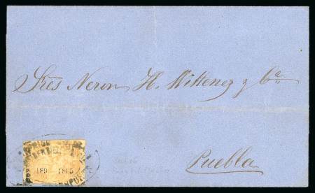 Stamp of Mexico » 1864 "Eagle" Issue 1865 Córdova Paso del Macho 2 Reales Orange #189-1865 sub 16 Eagle 4th Period on cover cancelled by merchant’s cachet