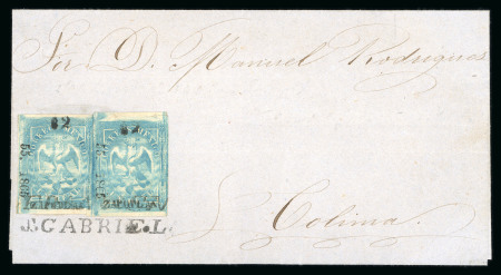 Stamp of Mexico » 1864 "Eagle" Issue 1865 Guadalajara Zapotlán San Gabriel 1 Real Blue #55-1865 sub 32 Eagle pair 4th Period on cover