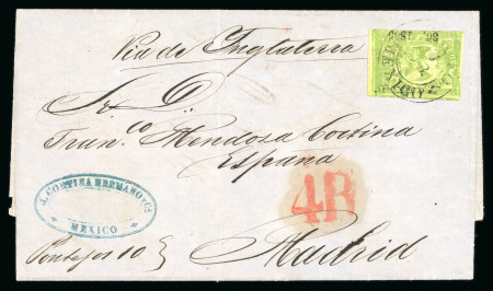 Stamp of Mexico » 1864 "Eagle" Issue 1865 Mexico District 4 Reales Green #36-1865 Eagle 4th Period on cover to Spain