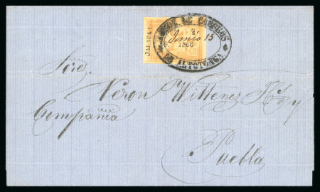 Stamp of Mexico » 1864 "Eagle" Issue 1866 Jalapa Altotonga 2 Reales Orange #59-1866 Eagle 5th Period on cover