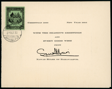 Stamp of Indian States » Bahawalpur 1933 Alliance Centenary 1a black on green tied to 1933 Christmas card by "SADIQ-GARH / BAHAWALPUR" 27 OCT 33 cds