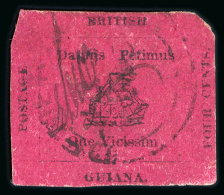 Stamp of British Guiana 1856, 4c magenta with initials of the postal clerk Wight "EDW", used with DEMERARA cds