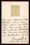 Stamp of Great Britain » 1855-1900 Surface Printed » 1865-67 Large Uncoloured Corner Letters, Wmk Large Garter & Emblems 1865-67 9d straw pl.5 KL line perf.14 abnormal, hinged to card inscribed by Sir Edward Denny Bacon and signed by King George V