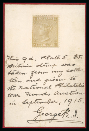 Stamp of Great Britain » 1855-1900 Surface Printed » 1865-67 Large Uncoloured Corner Letters, Wmk Large Garter & Emblems 1865-67 9d straw pl.5 KL line perf.14 abnormal, hinged to card inscribed by Sir Edward Denny Bacon and signed by King George V