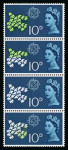 Stamp of Great Britain » Queen Elizabeth II 1961 CEPT 10d with pale green (doves) omitted variety on the third stamp in a mint n.h. vertical strip of four