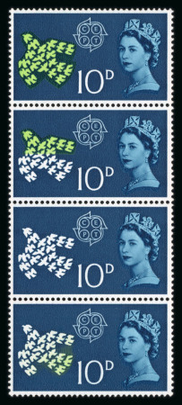 Stamp of Great Britain » Queen Elizabeth II 1961 CEPT 10d with pale green (doves) omitted variety on the third stamp in a mint n.h. vertical strip of four