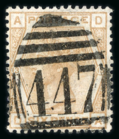 Stamp of Great Britain » 1855-1900 Surface Printed » 1873-80 Large Coloured Corner Letters 1873-80 6d pale buff pl.13 DA abnormal, cancelled by Leeds "447" barred oval